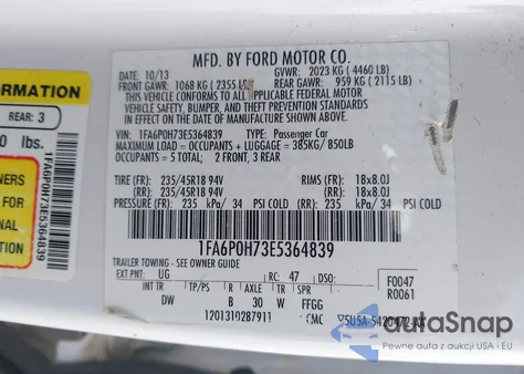 2014 Ford Fusion Se z USA, uszkodzony, nr VIN 1FA6P0H73E5364839